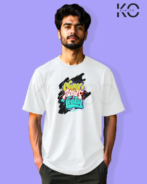 Image of Graffiti inspired design white color Drop Shoulder t-shirt with Change start today print for hip hop lovers