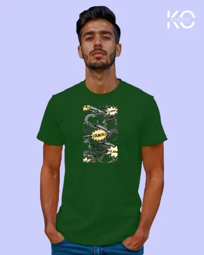 Image of Comic inspired design half sleeve t-shirt | Clang Crack Bottle Green