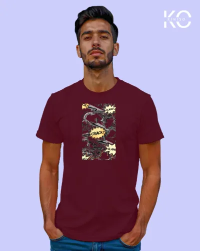 Image of Comic inspired design half sleeve t-shirt | Clang Crack Maroon