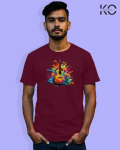 Image of Music inspired design Half Sleeve t-shirt | Colorful Guiter Maroon