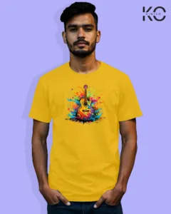 Image of Music inspired design Half Sleeve t-shirt | Colorful Guitar Yellow