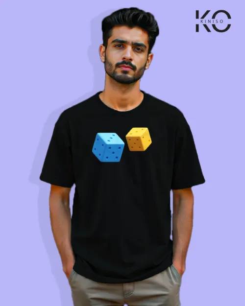 Image of Gaming inspired black color Drop Shoulder t-shirt with Dice design for gamer in Bangladesh