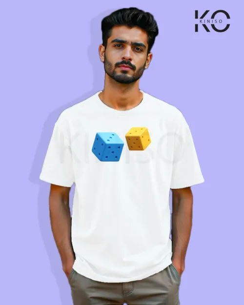 Image of Gaming inspired white color Drop Shoulder t-shirt with Dice design for gamer in Bangladesh