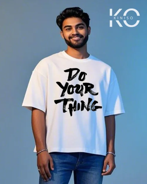 Image of Kiniso GYM themed white color drop shoulder t-shirt with Do Your Thing printed for fitness freak Bangladeshis