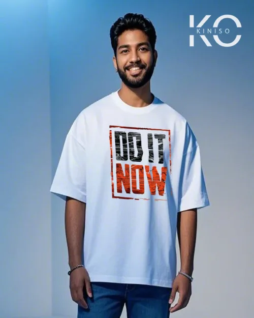 Image of Kiniso GYM themed white color drop shoulder t-shirt with Do it Now design printed for fitness freak Bangladeshis