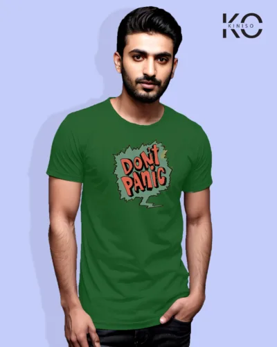 Image of Comic inspired design half sleeve t-shirt | Don't Panic Bottle Green