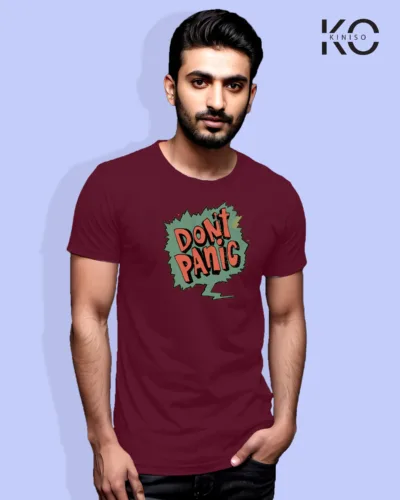 Image of Comic inspired design half sleeve t-shirt | Don't Panic Maroon