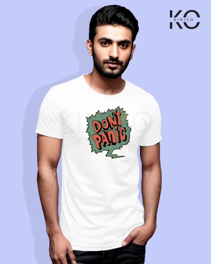 Image of Comic inspired design half sleeve t-shirt | Don't Panic White