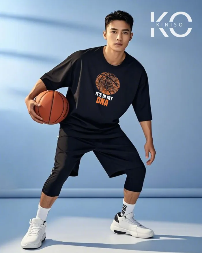 Image of Kiniso Black Color Drop Shoulder NBA Themed T-Shirt with Basketball in My DNA Print For Basketball lovers in Bangladesh