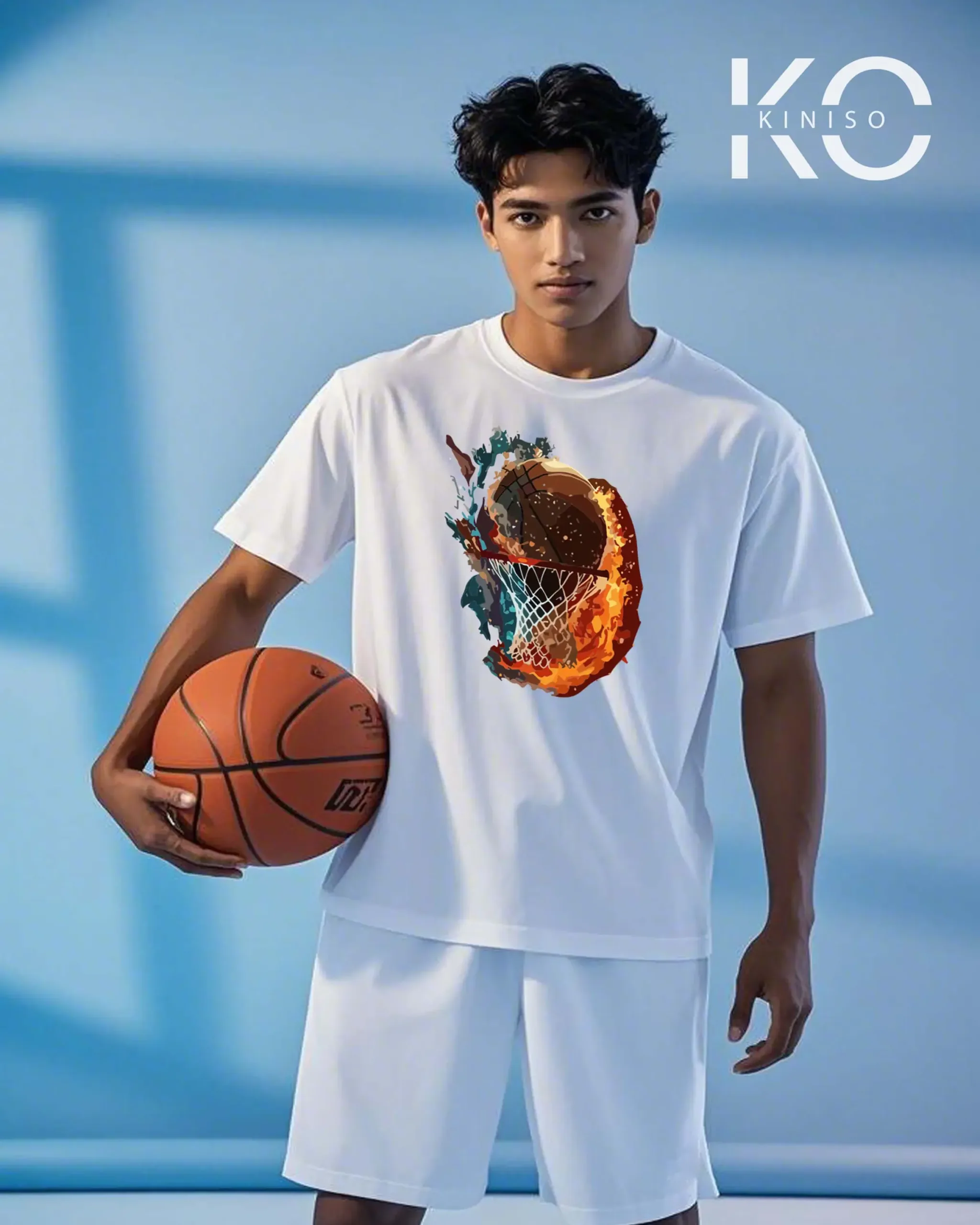 Image of Kiniso White Color Drop Shoulder NBA Themed T-Shirt with Fire Water Basketball Print For Basketball lovers in Bangladesh