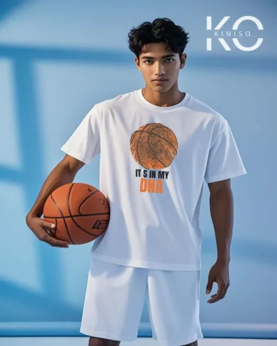 Image of Kiniso White Color Drop Shoulder NBA Themed T-Shirt with Basketball in My DNA Print For Basketball lovers in Bangladesh