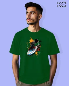 Image of Football inspired design half sleeve t-shirt | Football Classic Shoe Graffiti Bottle Green