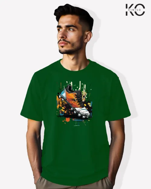 Image of Football inspired design half sleeve t-shirt | Football Shoe Graffiti Bottle Green