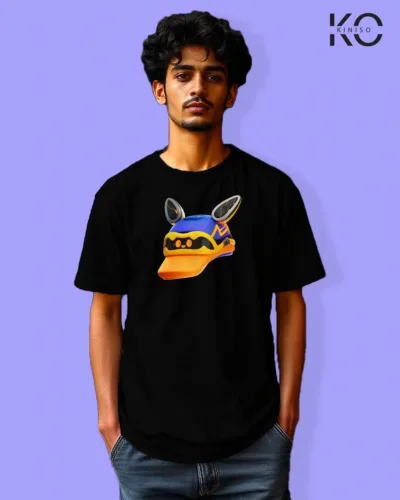 Image of Gaming inspired black color Drop Shoulder t-shirt with Futuristic Hat design for gamer in Bangladesh