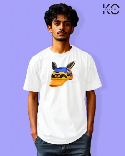 Image of Gaming inspired white color Drop Shoulder t-shirt with Futuristic Hat design for gamer in Bangladesh