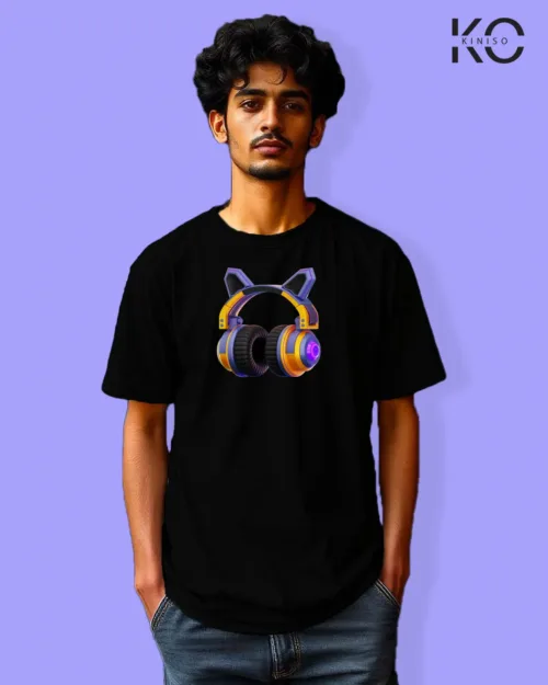 Image of Gaming inspired black color Drop Shoulder t-shirt with Futuristic Headset design for gamer in Bangladesh