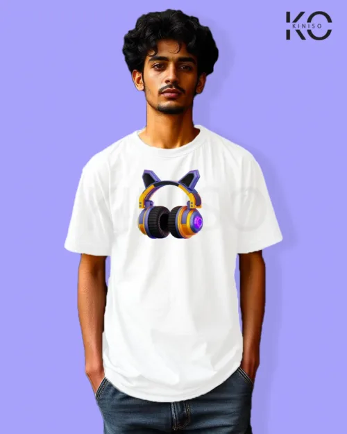 Image of Gaming inspired white color Drop Shoulder t-shirt with Futuristic Headset design for gamer in Bangladesh