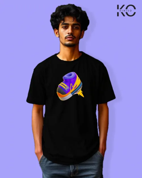 Image of Gaming inspired black color Drop Shoulder t-shirt with Futuristic shoes design for gamer in Bangladesh