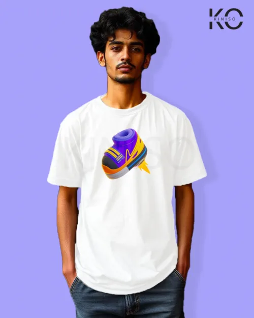 Image of Gaming inspired white color Drop Shoulder t-shirt with Futuristic shoes design for gamer in Bangladesh