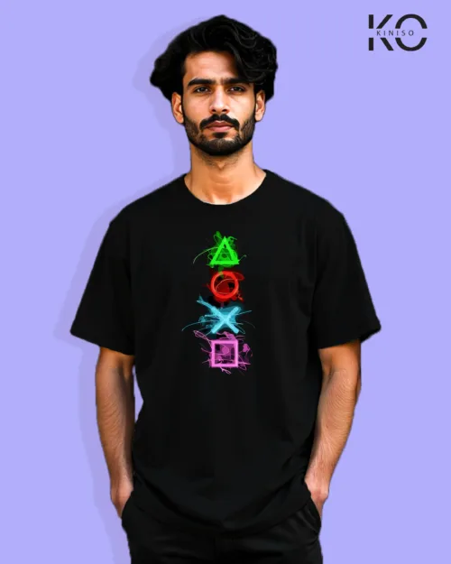 Image of Gaming inspired black color Drop Shoulder t-shirt with Game Control design for gamer in Bangladesh