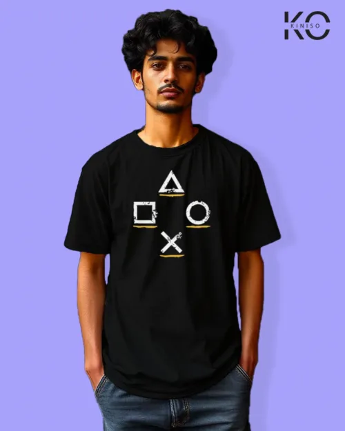 image of Gaming inspired black color Drop Shoulder t-shirt with Game Control Logo design for gamer in Bangladesh