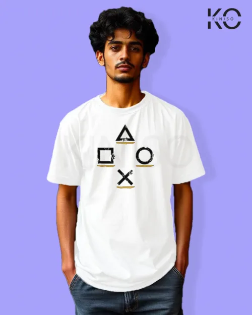 image of Gaming inspired white color Drop Shoulder t-shirt with Game Control Logo design for gamer in Bangladesh