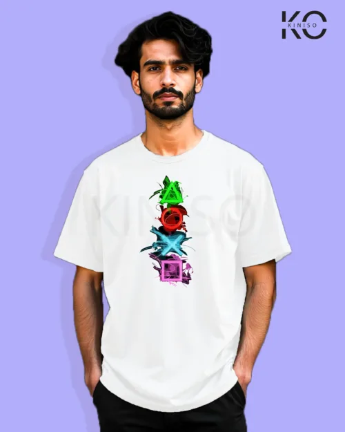 Image of Gaming inspired white color Drop Shoulder t-shirt with Game Control design for gamer in Bangladesh