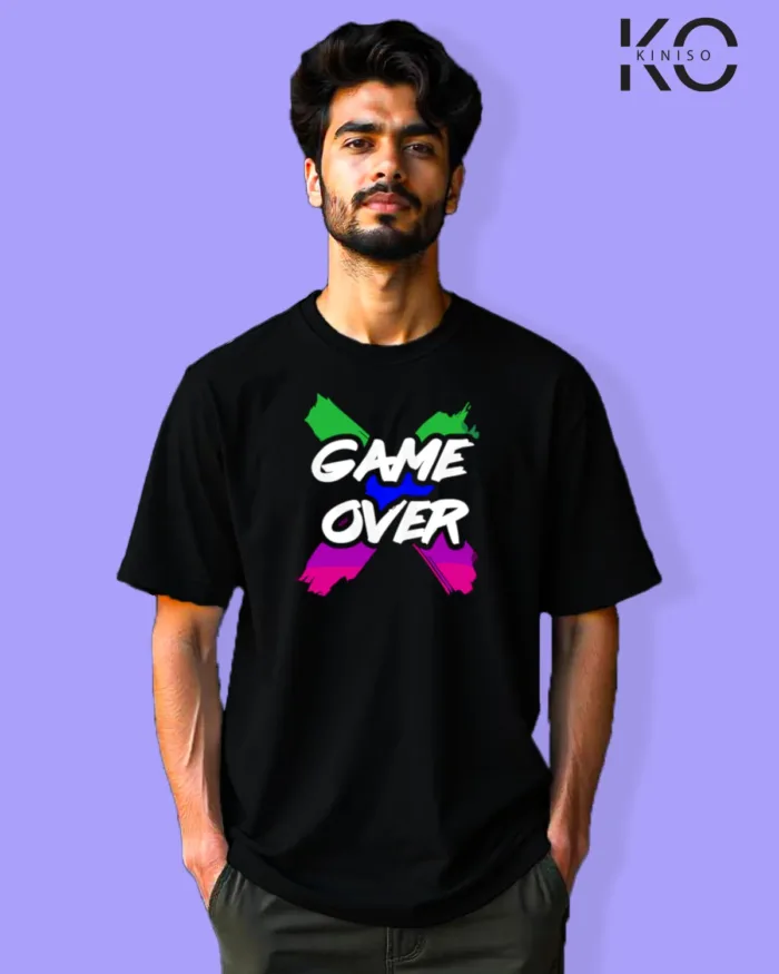 image of Gaming inspired black color Drop Shoulder t-shirt with Game Over design for gamer in Bangladesh