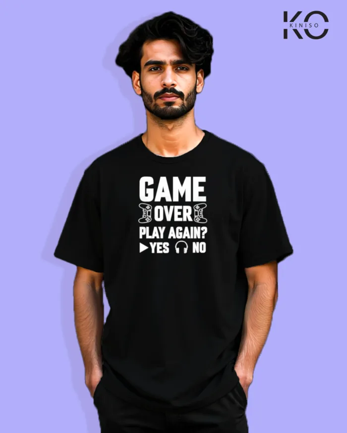 image of Gaming inspired black color Drop Shoulder t-shirt with Game Over Play Again design for gamer in Bangladesh