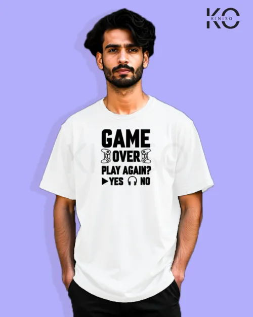 image of Gaming inspired white color Drop Shoulder t-shirt with Game Over Play Again design for gamer in Bangladesh