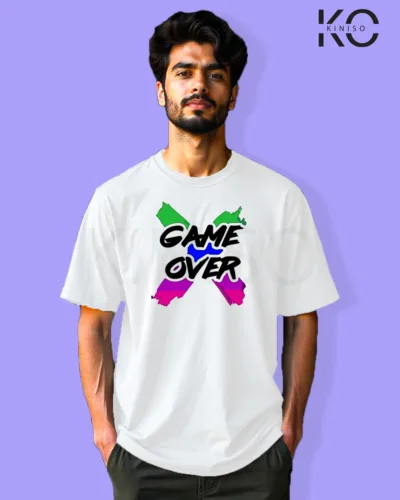 image of Gaming inspired white color Drop Shoulder t-shirt with Game Over design for gamer in Bangladesh