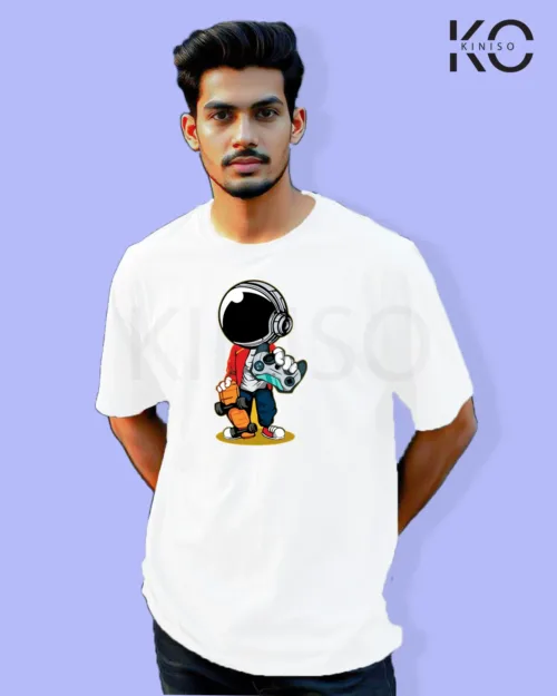 image of Gaming inspired white color Drop Shoulder t-shirt with Gamer Mascot design for gamer in Bangladesh