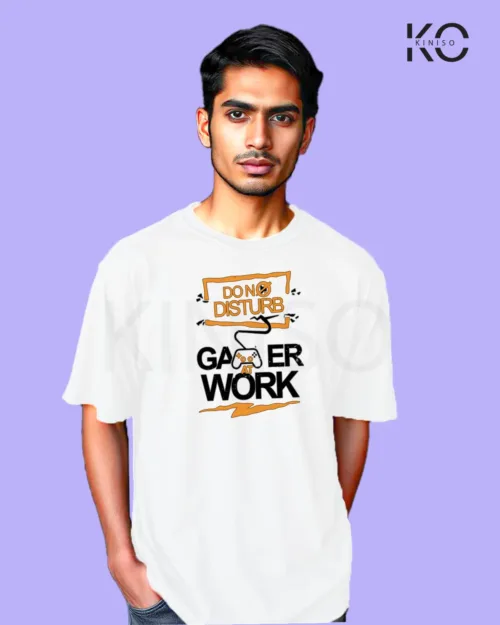 image of Gaming inspired white color Drop Shoulder t-shirt with Gamer Work design for gamer in Bangladesh