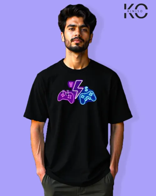 image of Gaming inspired black color Drop Shoulder t-shirt with Gaming Console design for gamer in Bangladesh