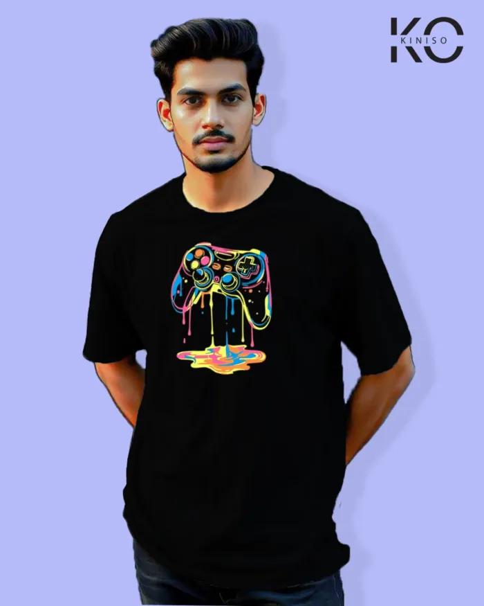 image of Gaming inspired black color Drop Shoulder t-shirt with Gaming Console Dripping Blood design for gamer in Bangladesh