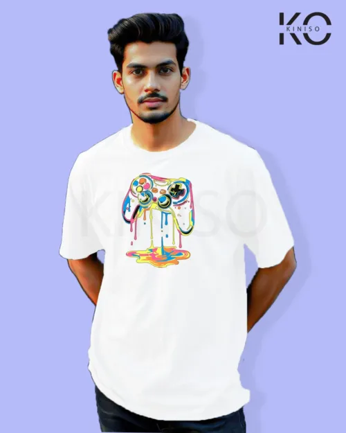 image of Gaming inspired white color Drop Shoulder t-shirt with Gaming Console Dripping Blood design for gamer in Bangladesh