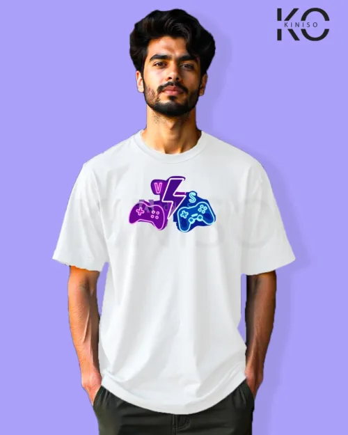 image of Gaming inspired white color Drop Shoulder t-shirt with Gaming Console design for gamer in Bangladesh