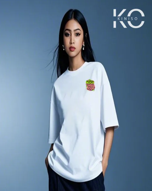 Image of Never Loose Hope Printed white color Graffiti designed drop shoulder t-shirt for hip hop fan girls in Bangladesh by Kiniso