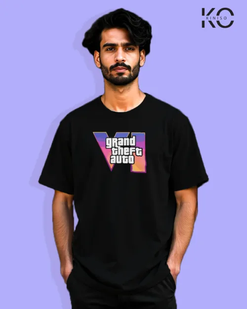 image of Gaming inspired black color Drop Shoulder t-shirt with Grand Theft Auto design for gamer in Bangladesh