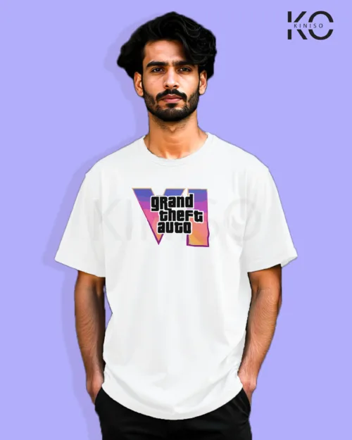 image of Gaming inspired white color Drop Shoulder t-shirt with Grand Theft Auto design for gamer in Bangladesh