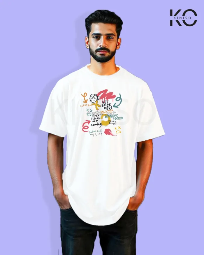 Image of Graffiti inspired design white color Drop Shoulder t-shirt with Great things are coming print for hip hop lovers