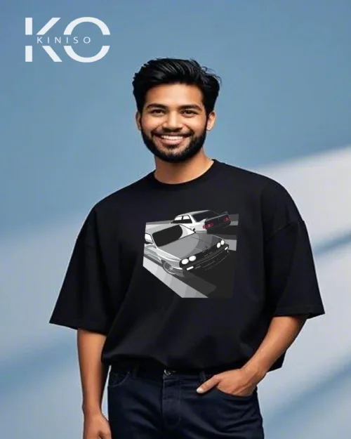 Image of Kiniso Black Color Grey BMW Print Drop Shoulder T-Shirt for Car Lovers