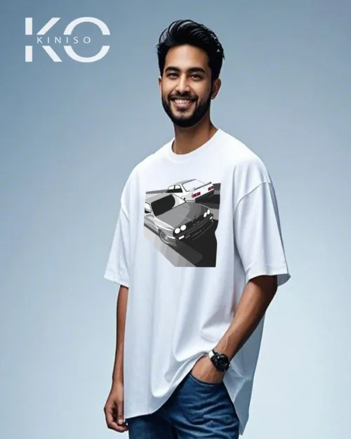 Image of Kiniso White Color Grey BMW Print Drop Shoulder T-Shirt for Car Lovers