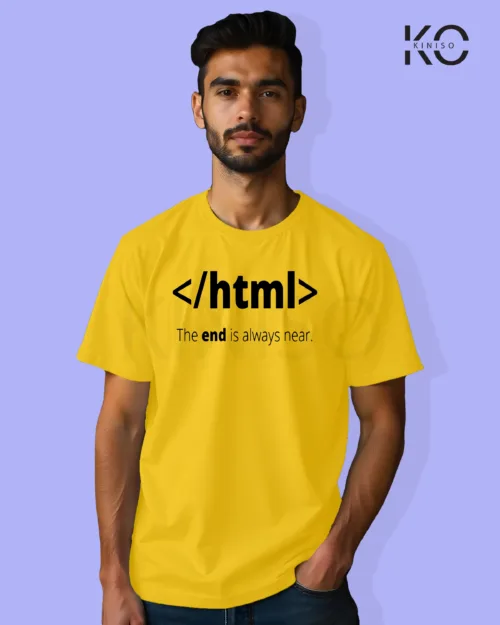 Image of Engineer and tech inspired design half sleeve t-shirt | HTML The End is near Yellow