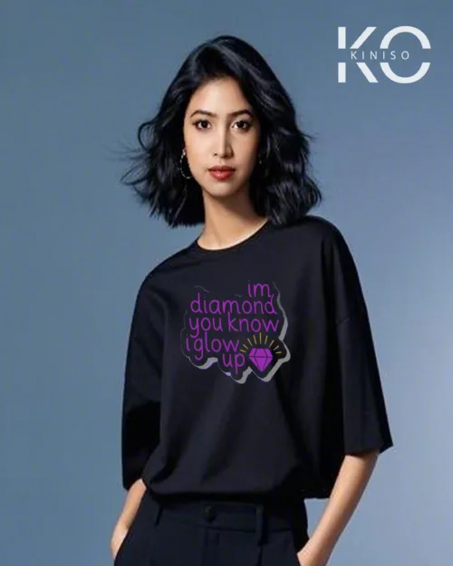 Image of I Glow Up Daimond Printed black color drop shoulder t-shirt for k-pop fan girls in Bangladesh by Kiniso