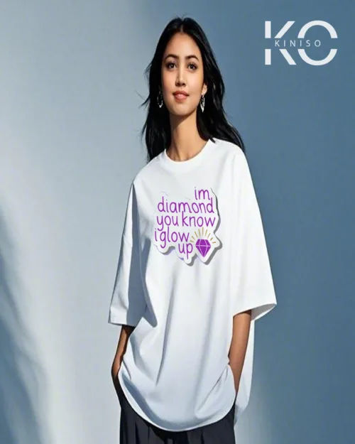 Image of I Glow Up Daimond Printed White color drop shoulder t-shirt for k-pop fan girls in Bangladesh by Kiniso