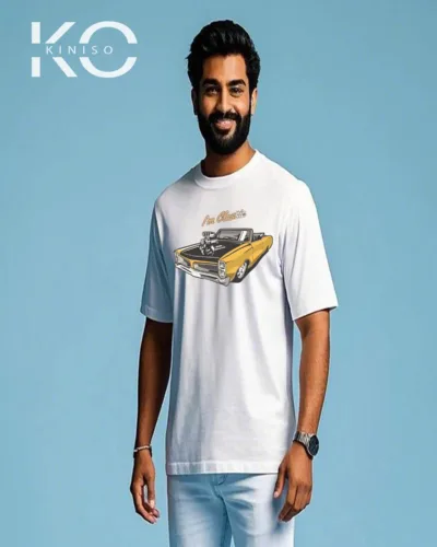 Image of Kiniso White Color I am Classic Print Drop Shoulder T-Shirt for Car Lovers