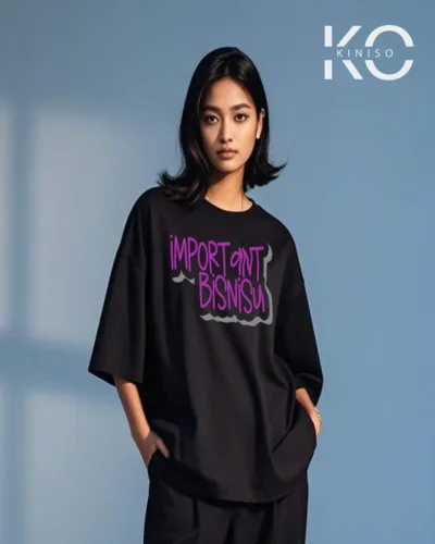 Image of Important Bisnisu Printed Black color drop shoulder t-shirt for k-pop fan girls in Bangladesh by Kiniso