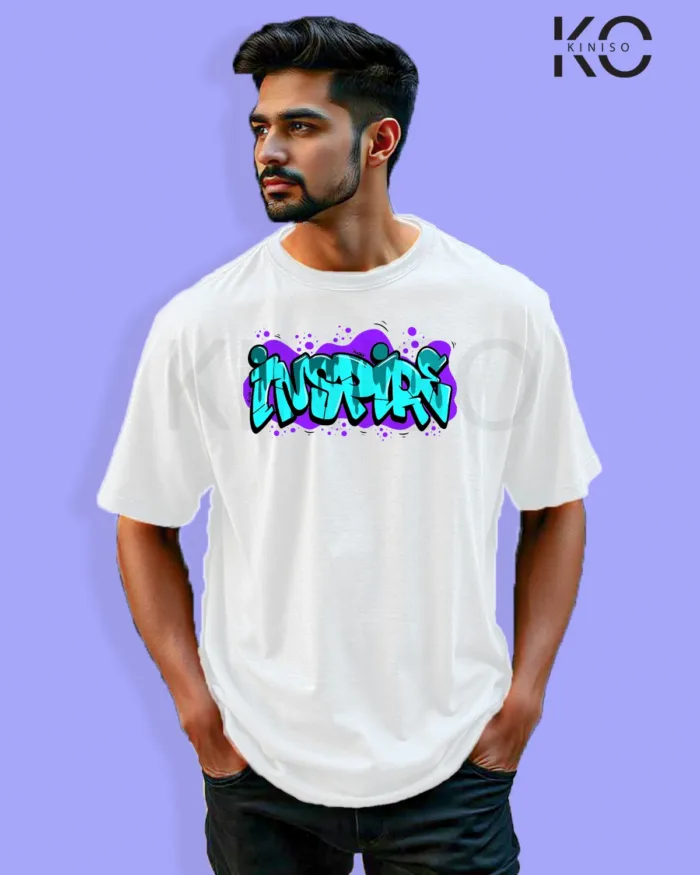 Image of Graffiti inspired design white color Drop Shoulder t-shirt with Inspire that print for hip hop lovers