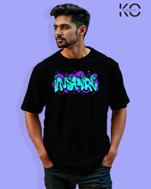 Image of Graffiti inspired design black color Drop Shoulder t-shirt with Inspire that print for hip hop lovers